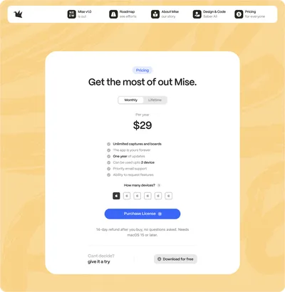 Mise pricing page