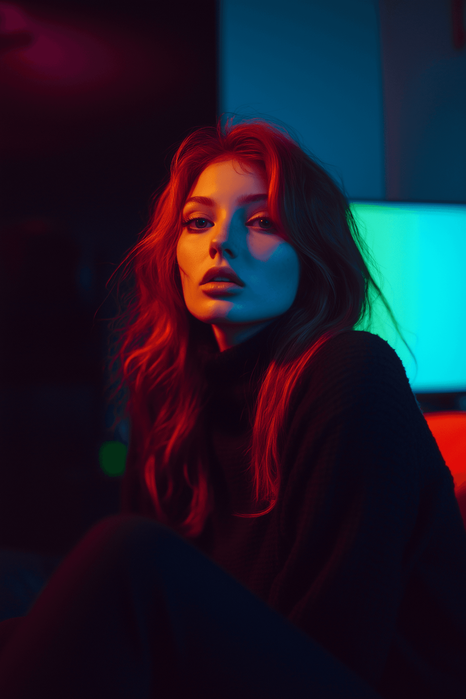 cinematic image of girl in red gradient background
