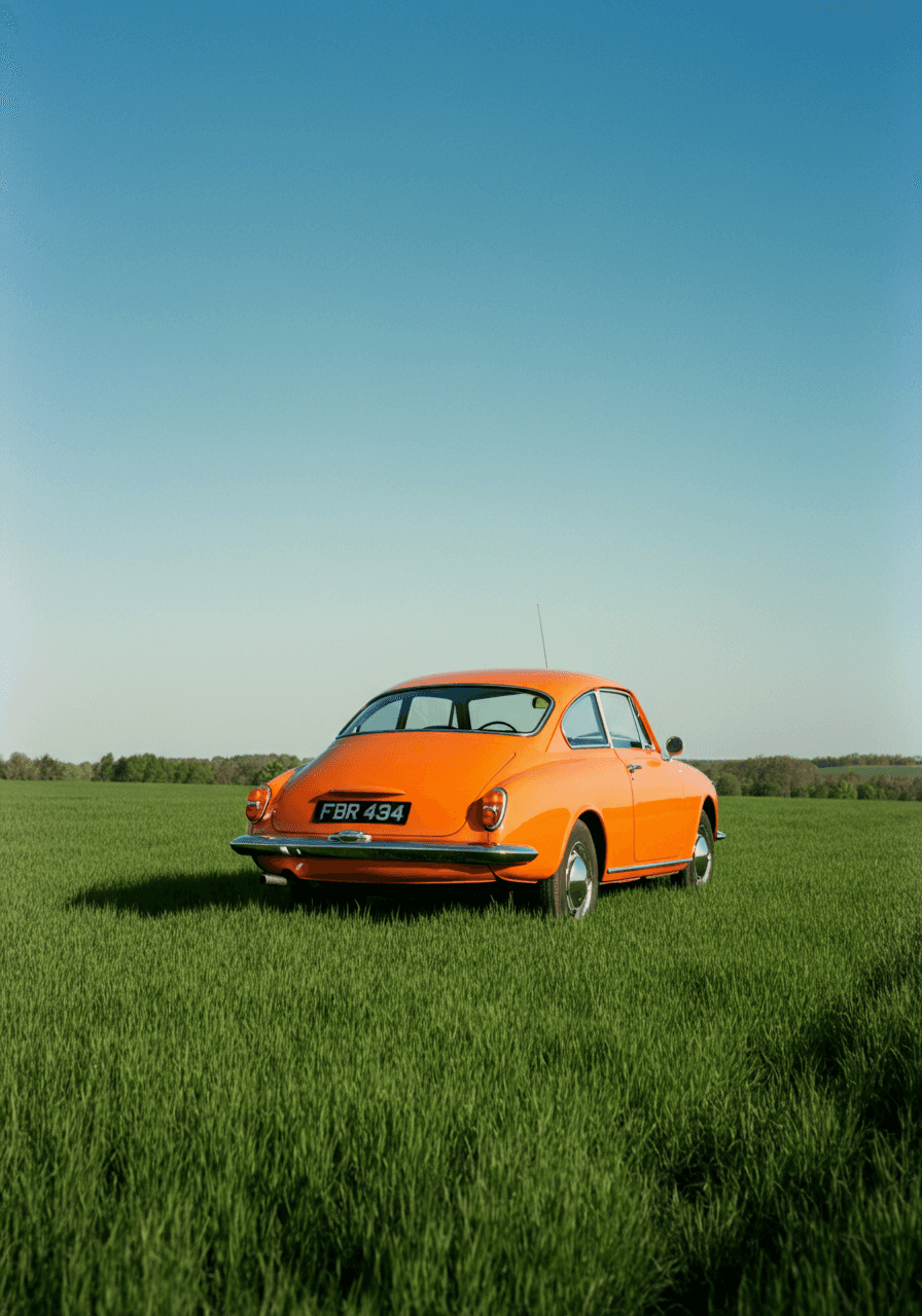 image of an orange car in a grass field