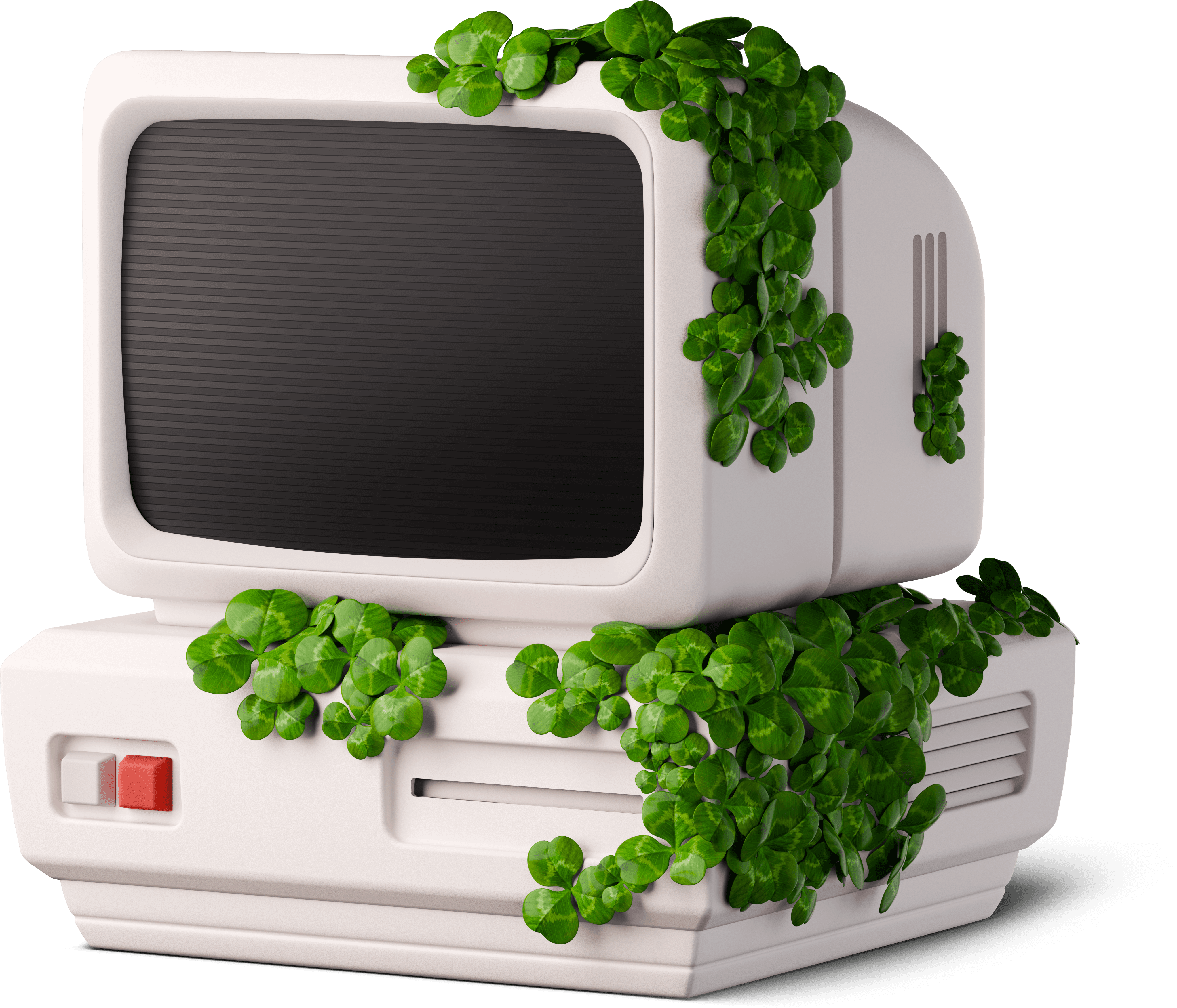 desktop computer with overgrown grass around it