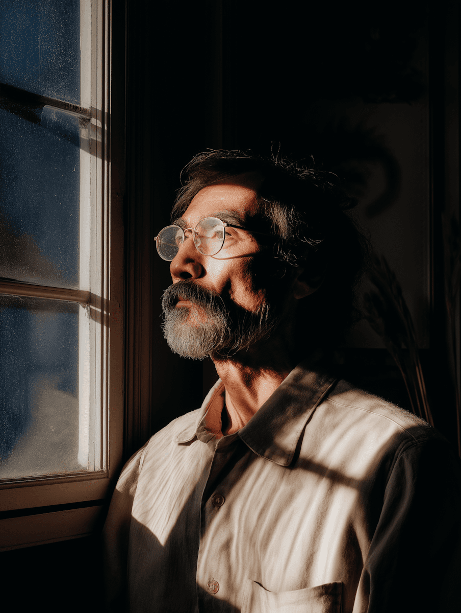 older man glaring into the sunset and rays of sunlight shine on his face