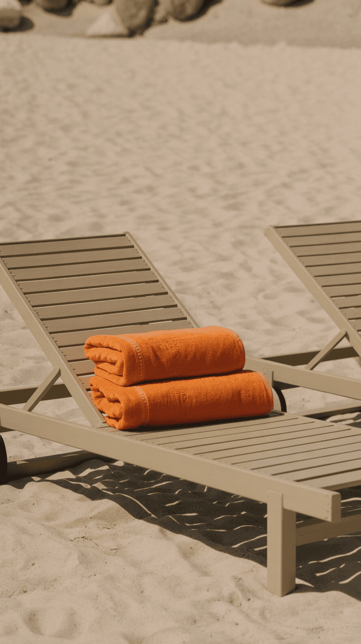 orange towels on a beach bench